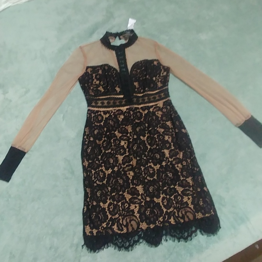Aakaa Black Lace Overlay Mini Dress with Nude Underdress
